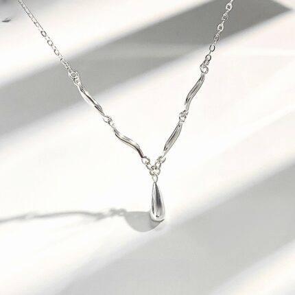 925 Sterling Silver Teardrop Necklace Irregular Wave Pendant Dainty Chain for Women Everyday Wear