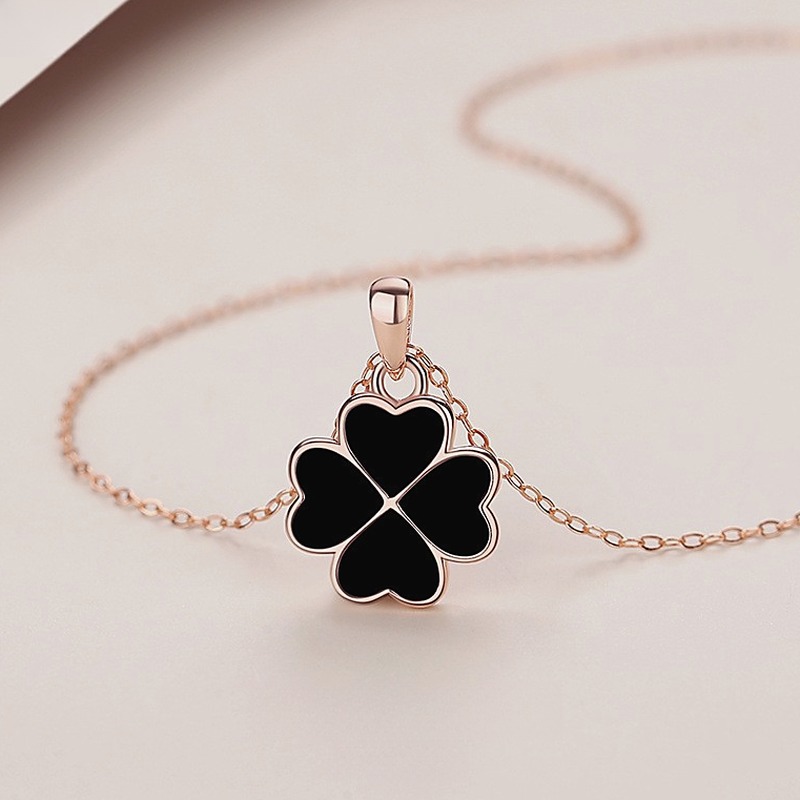 01-15 Four Leaf Clover Necklace 925 Sterling Silver Color Changing Double Sided Pendant Dainty Clavicle Chain for Women