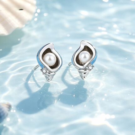Sterling Silver Conch Shell Pearl Stud Earrings Women Blue Enamel Ocean Beach Summer Jewelry Gift E000156B