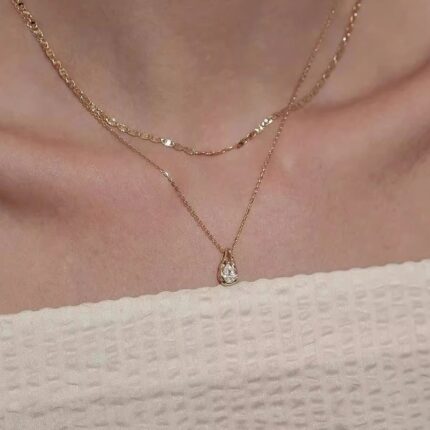 Moissanite Necklace 925 Sterling Silver Teardrop Pendant N001609M Dainty O-Chain Clavicle Choker for Women Everyday Wear