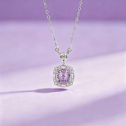 925 Sterling Silver Sugar Cube Necklace, Rose-Cut Purple Zircon Pendant, Adjustable Collarbone Chain for Everyday Office Wear