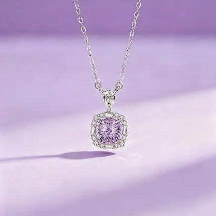 925 Sterling Silver Sugar Cube Necklace, Rose-Cut Purple Zircon Pendant, Adjustable Collarbone Chain for Everyday Office Wear