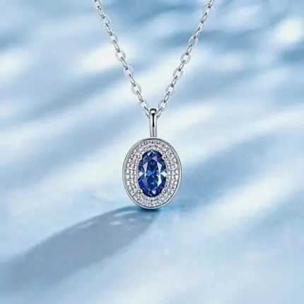 925 Sterling Silver Oval Pendant Necklace for Women - Darcy Blue-Tone Collarbone Chain, Geometric Everyday & Office Wear
