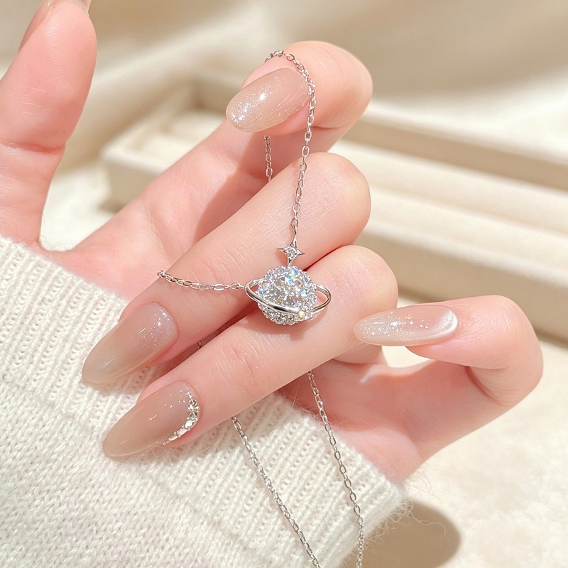 01-31 Planet Pendant Necklace 999 Silver Zircon Star Orbit Choker for Women