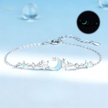 Moon Star Bracelet Glow in the Dark 925 Sterling Silver for Women, Birthday Gift