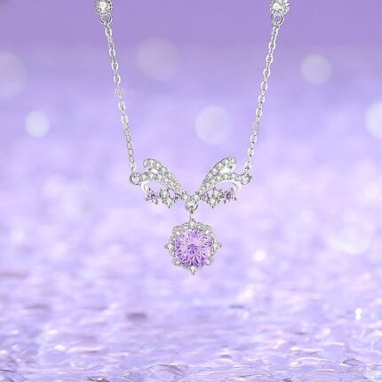 925 Sterling Silver Star Bow Necklace for Women, Firework-Cut Purple Zircon Pendant