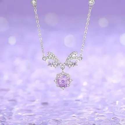 925 Sterling Silver Star Bow Necklace for Women, Firework-Cut Purple Zircon Pendant