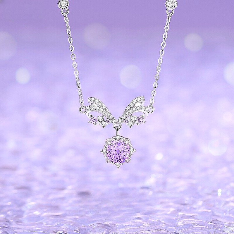 925 Sterling Silver Star Bow Necklace for Women, Firework-Cut Purple Zircon Pendant