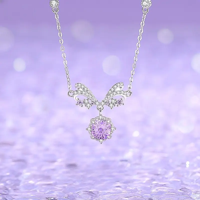 925 Sterling Silver Star Bow Necklace for Women, Firework-Cut Purple Zircon Pendant