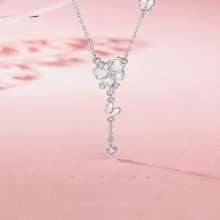 Butterfly Mother of Pearl Tassel Necklace 925 Sterling Silver for Women