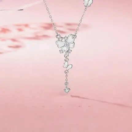 Butterfly Mother of Pearl Tassel Necklace 925 Sterling Silver for Women