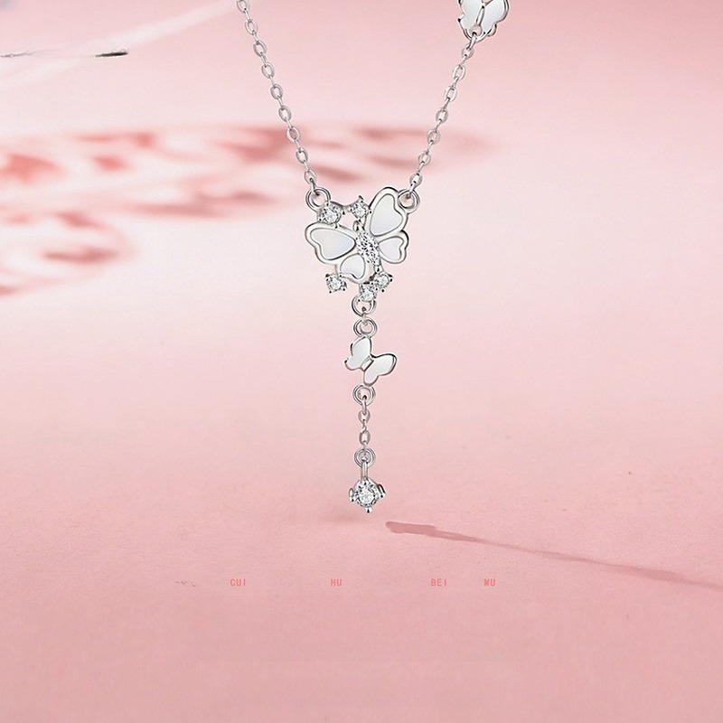 Butterfly Mother of Pearl Tassel Necklace 925 Sterling Silver for Women