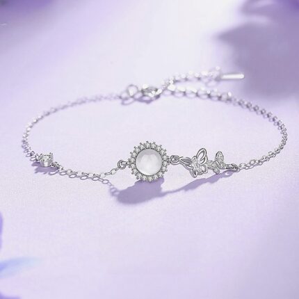 Butterfly Bracelet for Women, 925 Sterling Silver with White Chalcedony