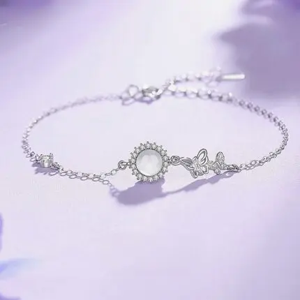 Butterfly Bracelet for Women, 925 Sterling Silver with White Chalcedony
