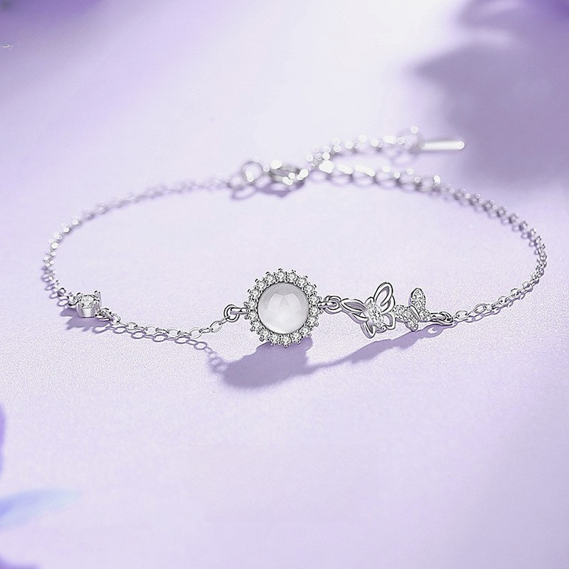 01-37 Butterfly Bracelet for Women, 925 Sterling Silver with White Chalcedony