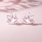Lotus Flower Stud Earrings 925 Sterling Silver Pink Enamel Pearl for Women