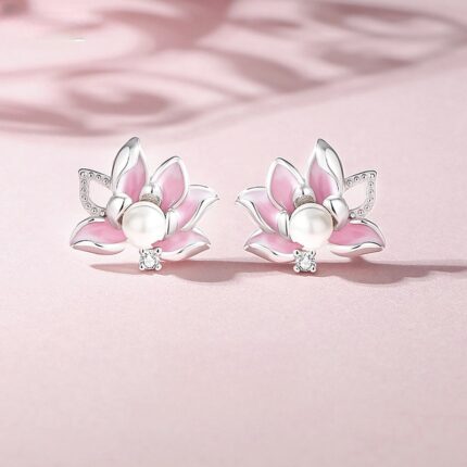 Lotus Flower Stud Earrings 925 Sterling Silver Pink Enamel Pearl for Women