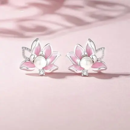 Lotus Flower Stud Earrings 925 Sterling Silver Pink Enamel Pearl for Women