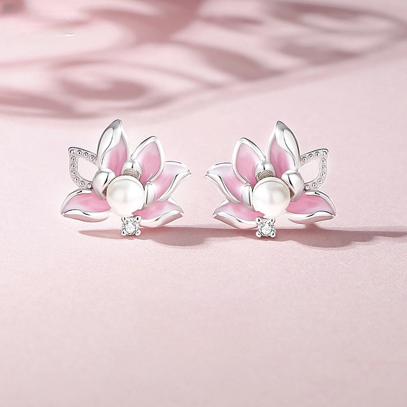 Lotus Flower Stud Earrings 925 Sterling Silver Pink Enamel Pearl for Women