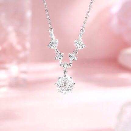 Rose Star Necklace 925 Sterling Silver Flower Cut Zircon Pendant 6/8MM for Women Daily Office Commute