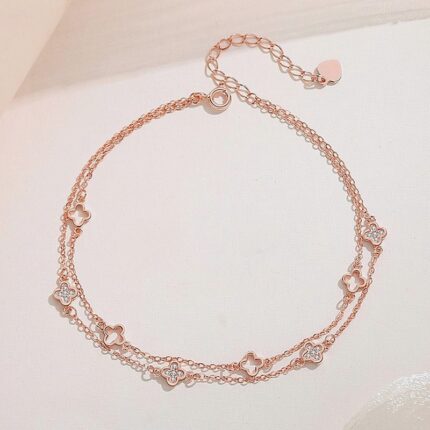 Four Leaf Clover Anklet 925 Sterling Silver Rose Gold Double Layer Chain Women's Summer Beach Foot Jewelry Gift