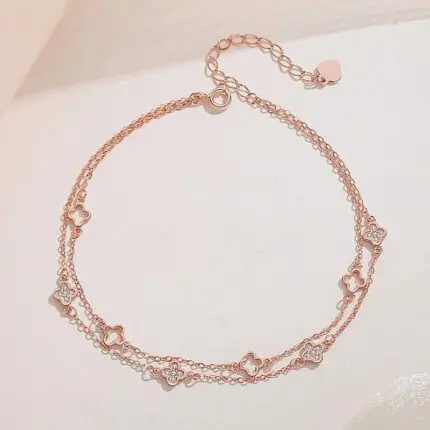 Four Leaf Clover Anklet 925 Sterling Silver Rose Gold Double Layer Chain Women's Summer Beach Foot Jewelry Gift