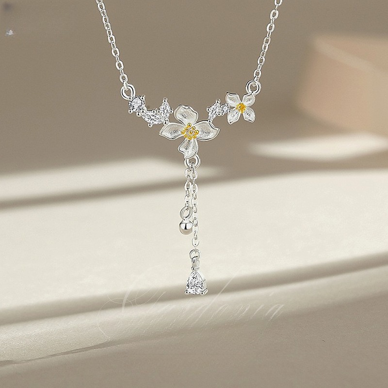 Gardenia Flower Necklace 925 Sterling Silver Tassel Pendant Chain for Women Everyday Wear