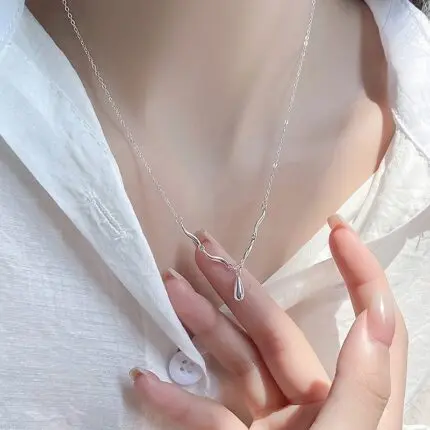925 Sterling Silver Teardrop Necklace Irregular Wave Pendant Dainty Chain for Women Everyday Wear