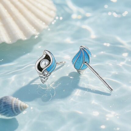 Sterling Silver Conch Shell Pearl Stud Earrings Women Blue Enamel Ocean Beach Summer Jewelry Gift E000156B