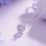 925 Sterling Silver Sugar Cube Necklace, Rose-Cut Purple Zircon Pendant, Adjustable Collarbone Chain for Everyday Office Wear