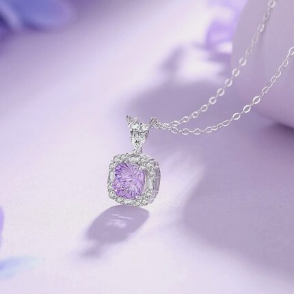 925 Sterling Silver Sugar Cube Necklace, Rose-Cut Purple Zircon Pendant, Adjustable Collarbone Chain for Everyday Office Wear