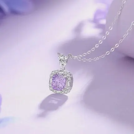 925 Sterling Silver Sugar Cube Necklace, Rose-Cut Purple Zircon Pendant, Adjustable Collarbone Chain for Everyday Office Wear