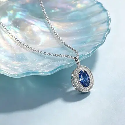 925 Sterling Silver Oval Pendant Necklace for Women - Darcy Blue-Tone Collarbone Chain, Geometric Everyday & Office Wear
