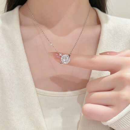 Planet Pendant Necklace 999 Silver Zircon Star Orbit Choker for Women