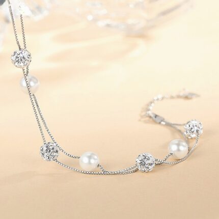 Pearl Bracelet 925 Sterling Silver Double Layer Crystal Ball Chain for Women Adjustable Gift