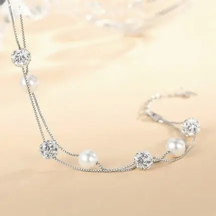 Pearl Bracelet 925 Sterling Silver Double Layer Crystal Ball Chain for Women Adjustable Gift