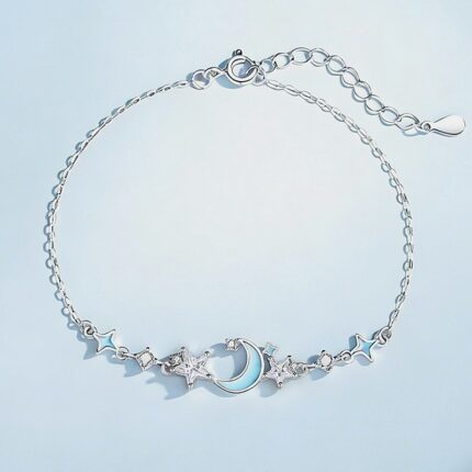 Moon Star Bracelet Glow in the Dark 925 Sterling Silver for Women, Birthday Gift