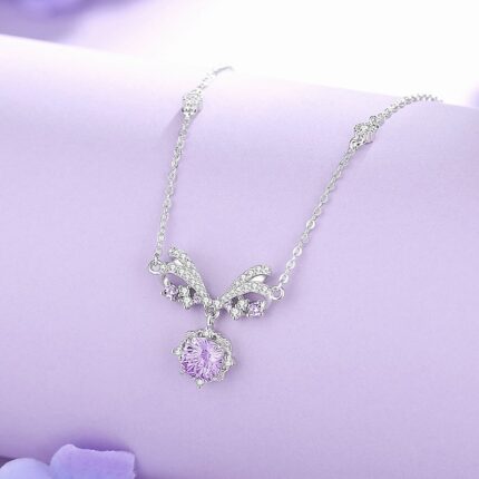 925 Sterling Silver Star Bow Necklace for Women, Firework-Cut Purple Zircon Pendant