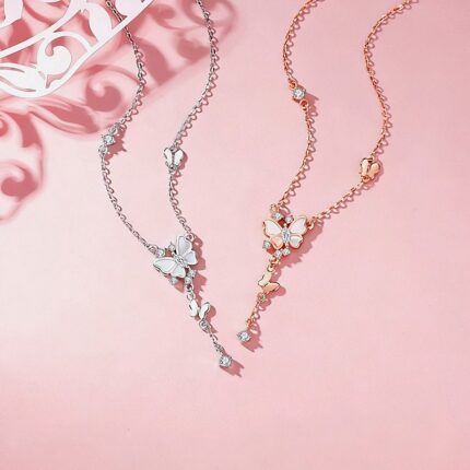 Butterfly Mother of Pearl Tassel Necklace 925 Sterling Silver for Women