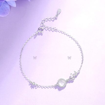 Butterfly Bracelet for Women, 925 Sterling Silver with White Chalcedony