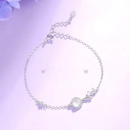 Butterfly Bracelet for Women, 925 Sterling Silver with White Chalcedony