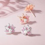 Lotus Flower Stud Earrings 925 Sterling Silver Pink Enamel Pearl for Women