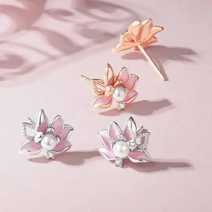 Lotus Flower Stud Earrings 925 Sterling Silver Pink Enamel Pearl for Women