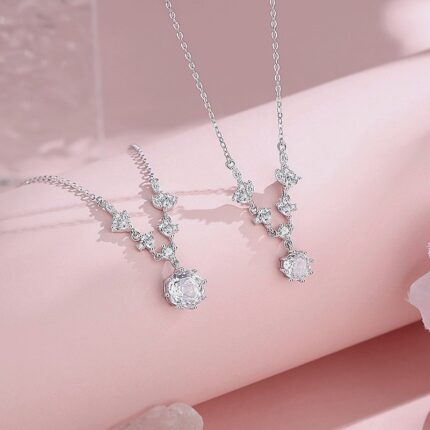 Rose Star Necklace 925 Sterling Silver Flower Cut Zircon Pendant 6/8MM for Women Daily Office Commute