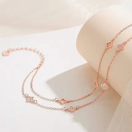 Four Leaf Clover Anklet 925 Sterling Silver Rose Gold Double Layer Chain Women's Summer Beach Foot Jewelry Gift