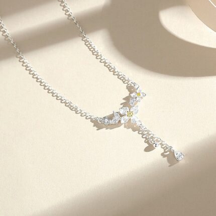 Gardenia Flower Necklace 925 Sterling Silver Tassel Pendant Chain for Women Everyday Wear