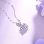 925 Sterling Silver Sugar Cube Necklace, Rose-Cut Purple Zircon Pendant, Adjustable Collarbone Chain for Everyday Office Wear