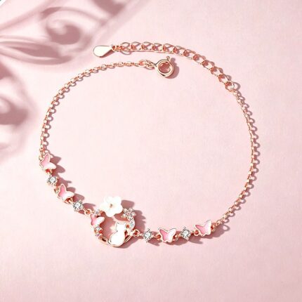 925 Sterling Silver Cat Bracelet for Women Butterfly Flower Shell Charm Sweet Pink Gift
