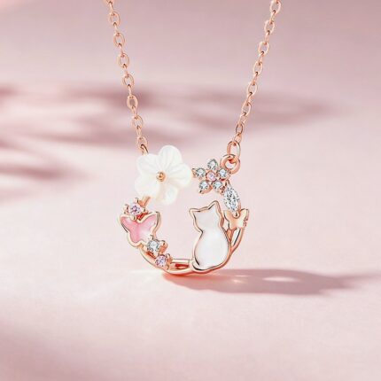 925 Sterling Silver Cat Bracelet for Women Butterfly Flower Shell Charm Sweet Pink Gift