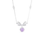 925 Sterling Silver Star Bow Necklace for Women, Firework-Cut Purple Zircon Pendant